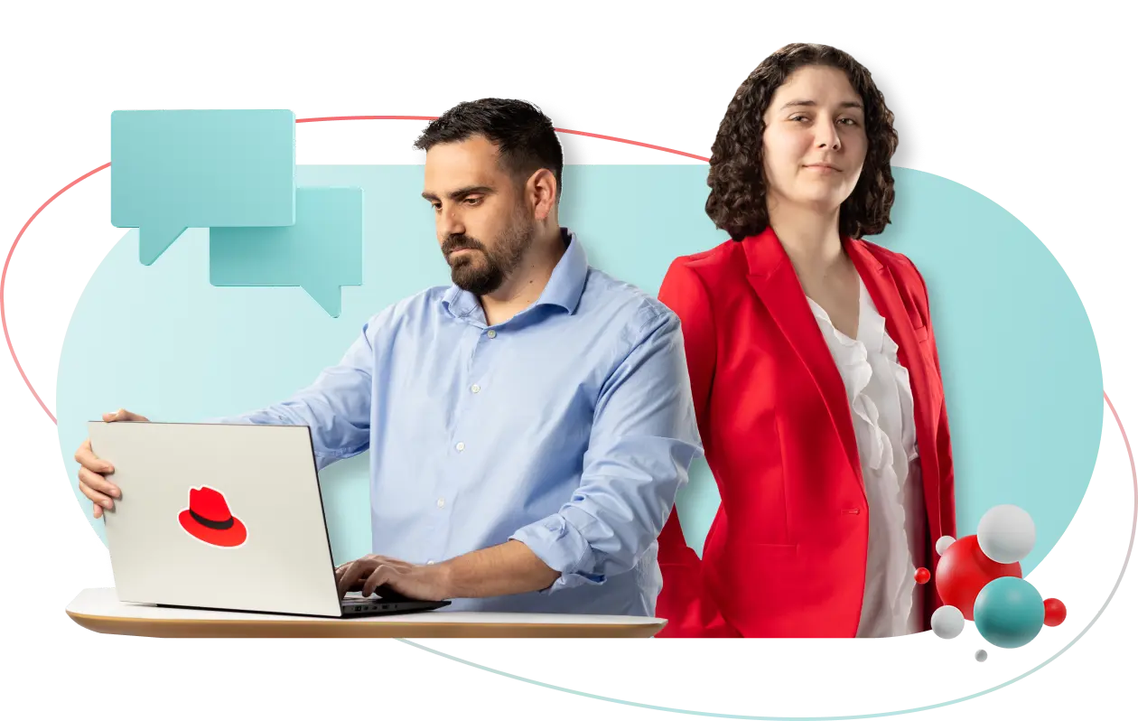 Two business people collaborating on a laptop using open-source software